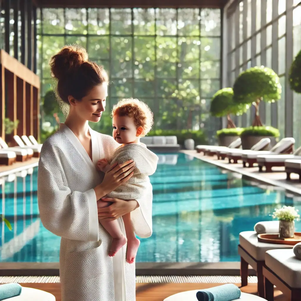 Mother and child enjoying the bath complex at ZenZone